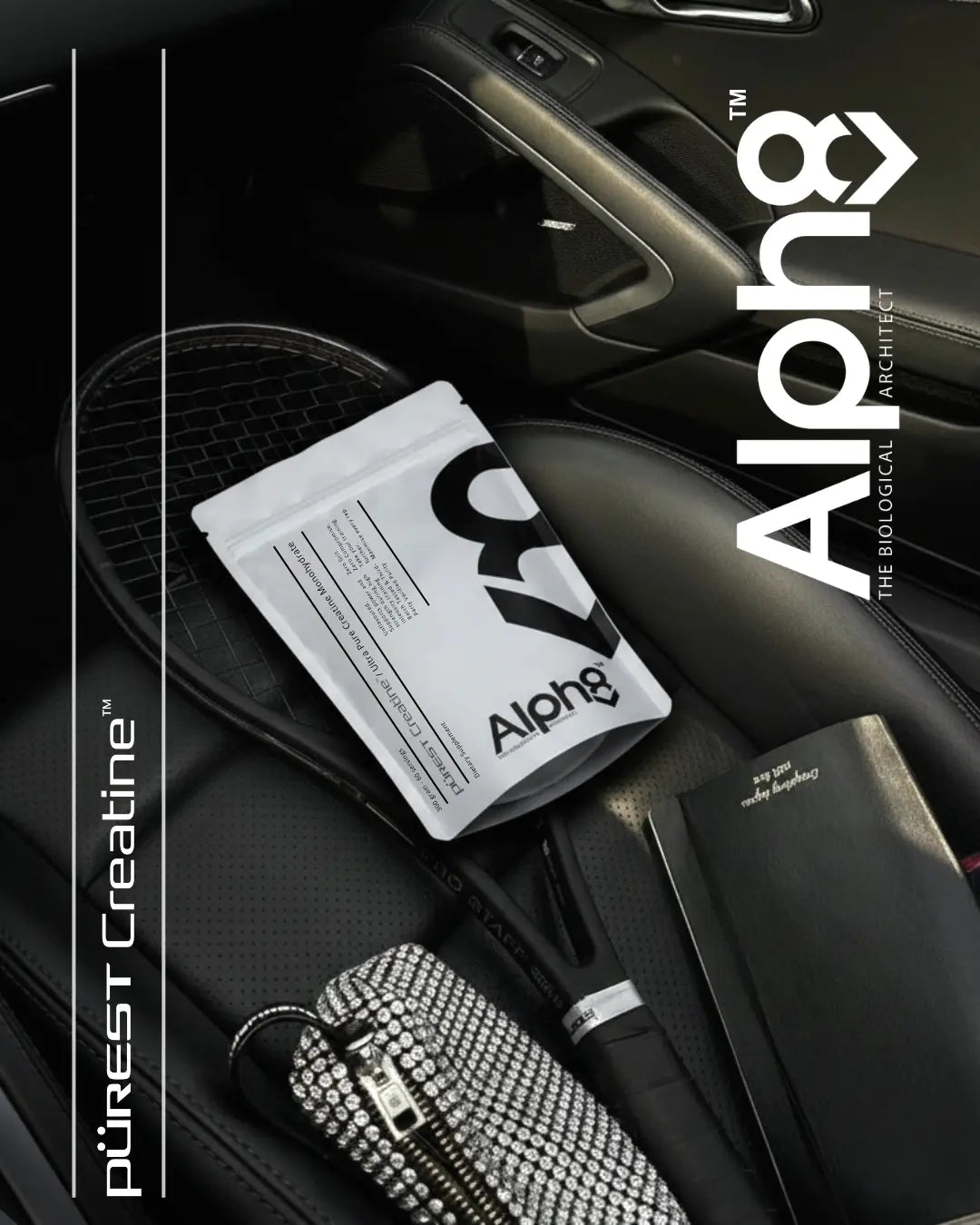 Alph8 product on a car seat with branding visible