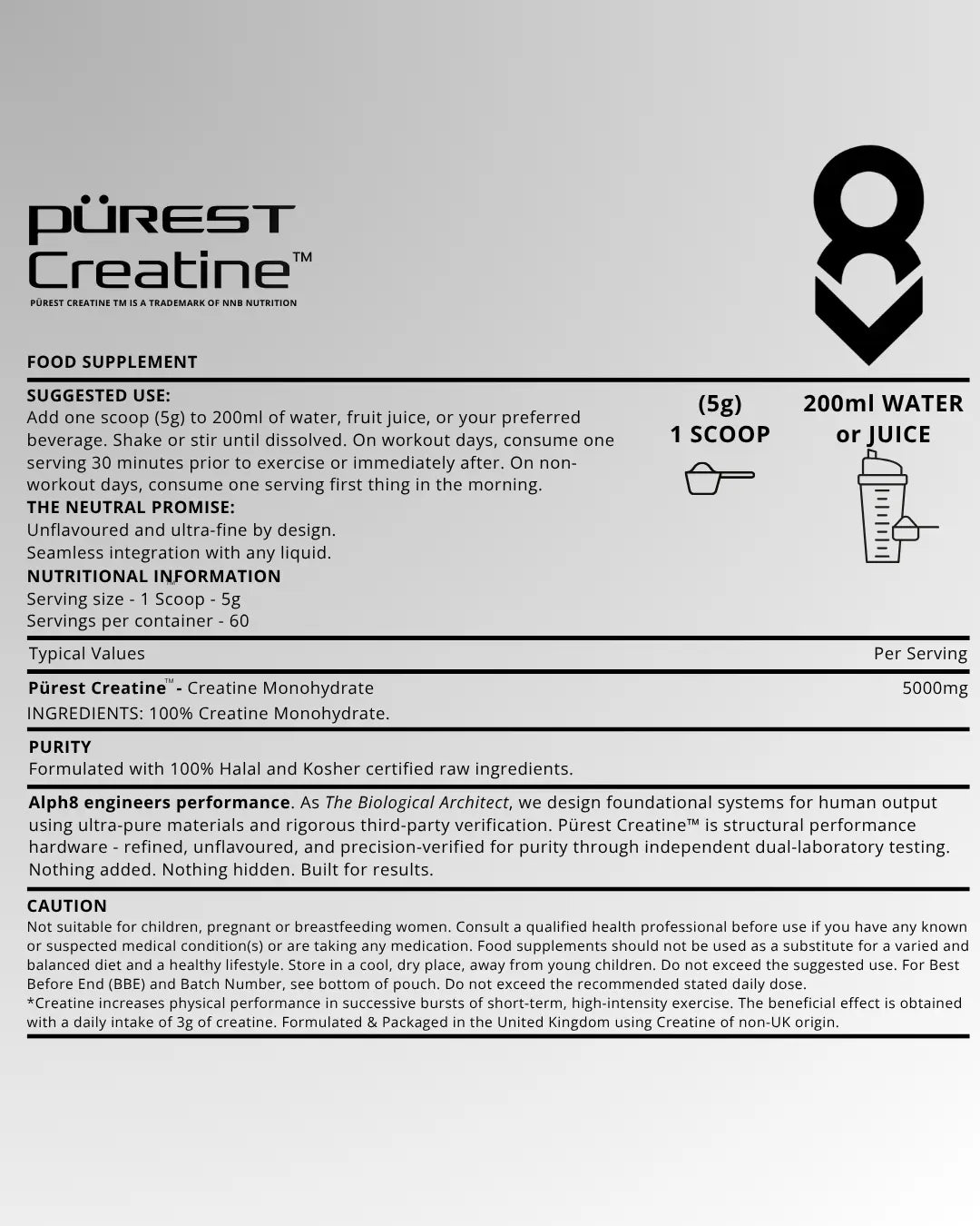 Purest Creatine supplement label with usage instructions and product details.
