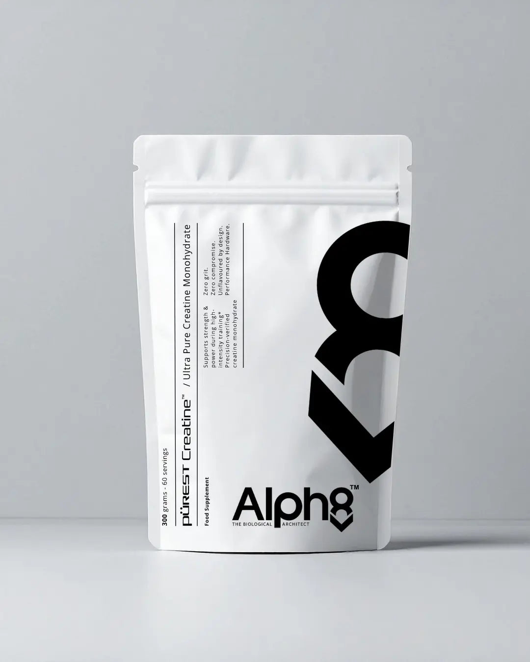 White supplement package with black and gray text on a light gray background