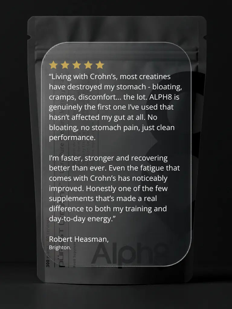 Supplement package with customer review on a black background
