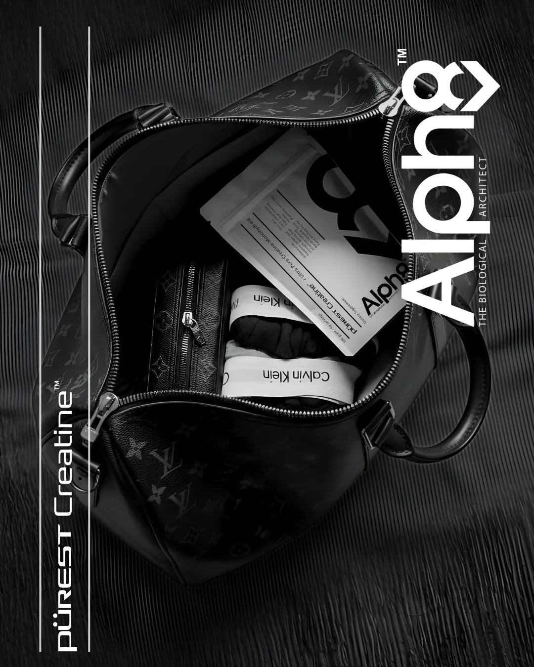 Black backpack with Alph8 Creatine products on a dark background, featuring the Alph8 logo in LV bag