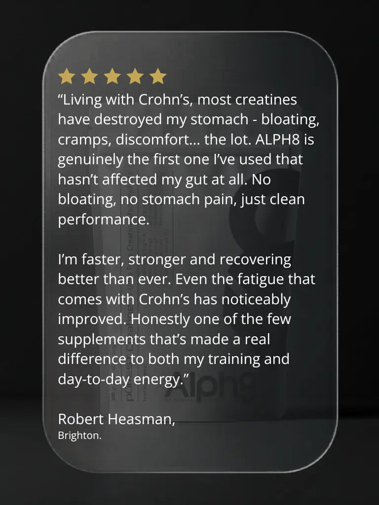 Product review for ALPH8 on a dark background