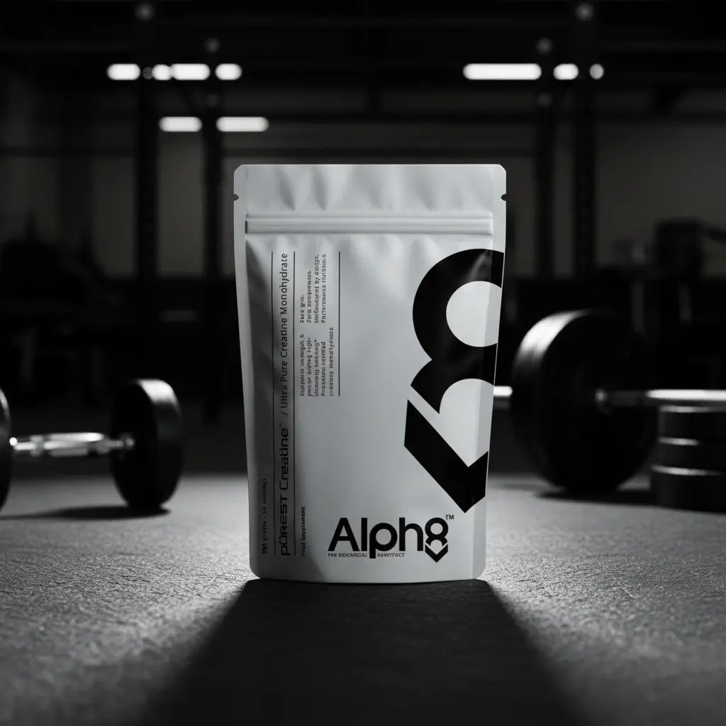 Alph8 supplement package on a gym floor with weights in the background