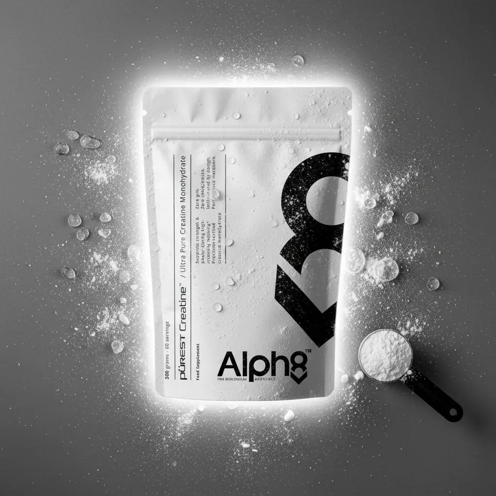 Alph8 creatine powder package with scoop on a gray background