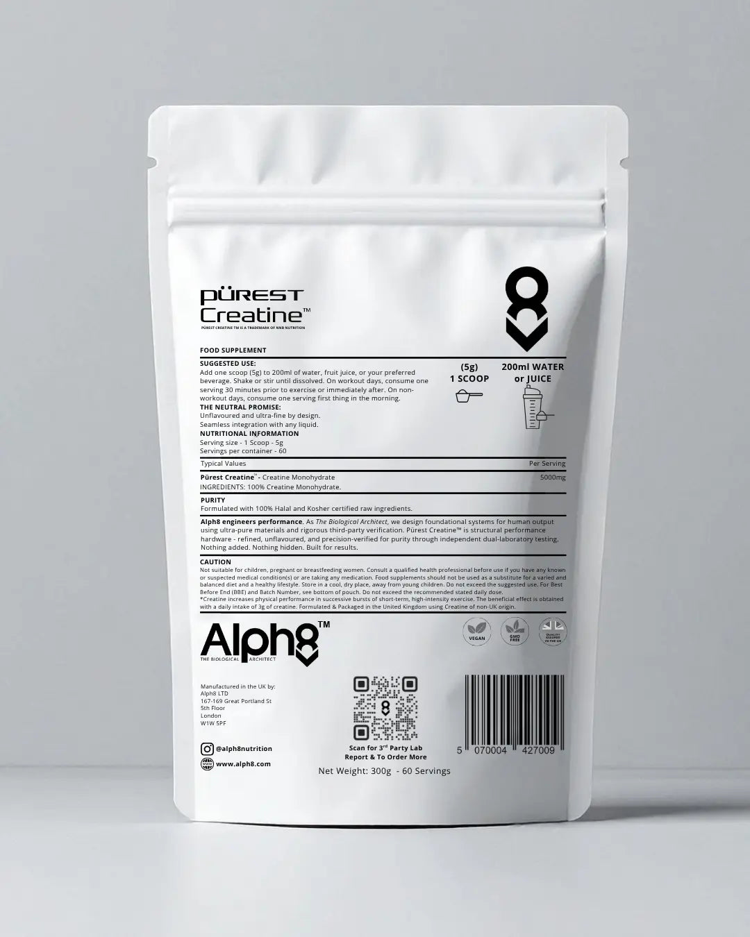 White supplement package with Alph8 branding on a gray background