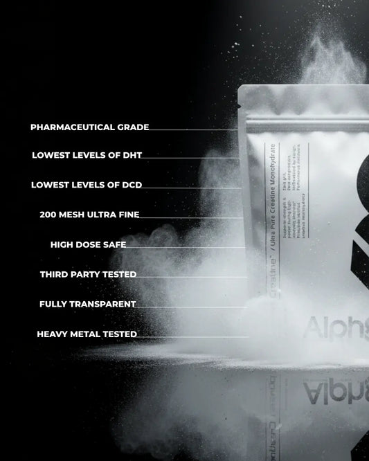 Alph8 product packaging with powder dispersing, featuring text about product attributes on a black background.
